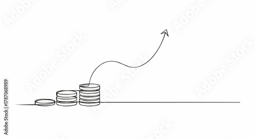 Financial growth concept with coins and upward arrow representing profit.