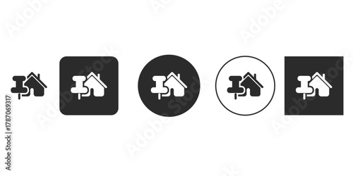 Home location icon set a collection of house symbols with push pins, perfect for websites, apps, and graphic design projects about real estate