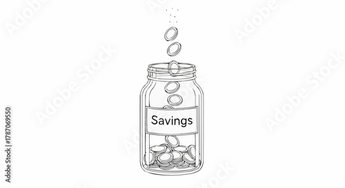Savings Jar Illustration - Coins Falling into a Glass Jar.