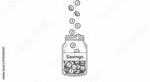 Savings jar illustration with coins falling inside, financial concept.