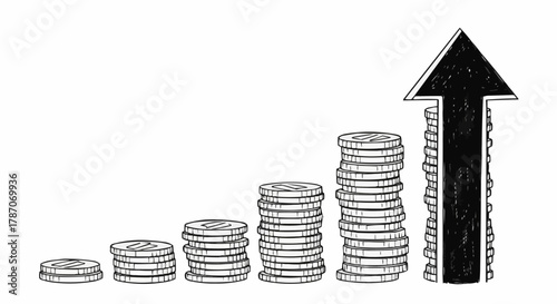 Stacks of coins increasing in height with a large arrow pointing upwards symbolizing financial growth and success.