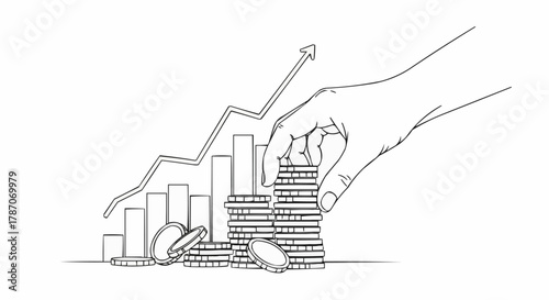 Hand stacking coins with a rising graph sketch illustration.