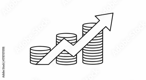 Growing stack of coins with upward trending arrow symbolizing financial growth.