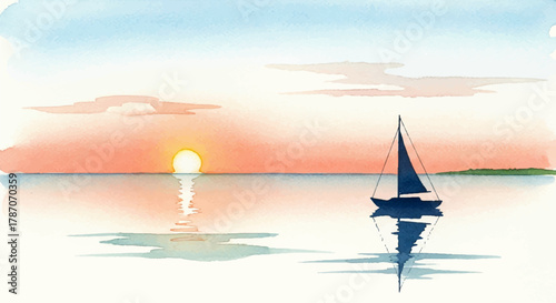 A Serene Watercolor Sunset Over a Tranquil Sea, Featuring a Lone Sailboat, Embodying a Modern Aesthetic in a Peaceful, Artistic Composition with Soft Hues