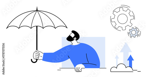 Man holds umbrella symbolizing protection and security, with gears and upward arrows suggesting growth, progress, and innovation. Ideal for concepts thumbs up insurance, productivity, support