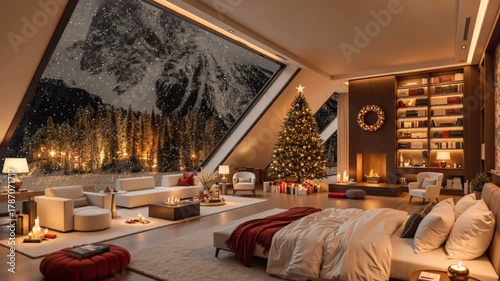 Cozy luxury bedroom with Christmas decorations, warm fireplace, glowing lights, and a snowy mountain view through large glass windows — perfect winter holiday interior design inspiration for comfort 