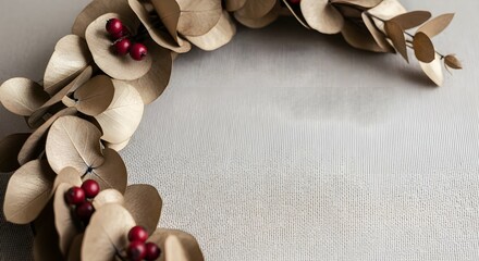 Dried eucalyptus leaves and red berries forming a frame with copy space.