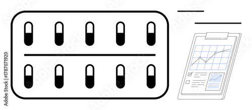 Medicine blister pack alongside a clipboard showing growth charts and analytics. Ideal for healthcare, pharmaceuticals, data analysis, research, treatment, progress tracking, monitoring. Simple flat