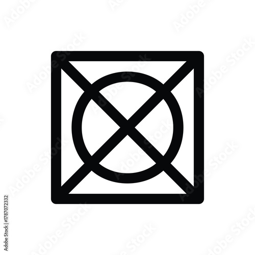 A black and white icon representing the do not tumble dry laundry care instruction, featuring a square with a circle inside, both crossed out with an X. Laundry Line Icon. Isolated Vector Clip Art.