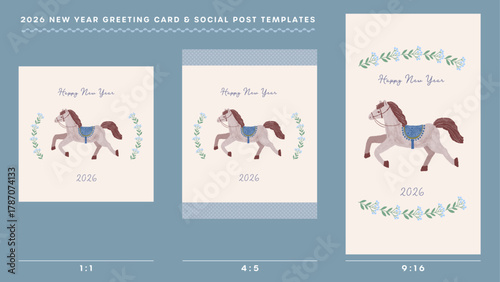2026年年賀状とSNS投稿に使えるテンプレートセット/水彩風手描きの馬と青い花のデザイン