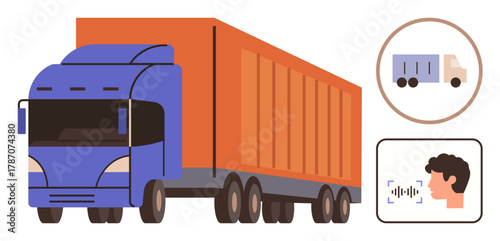 Blue semi-truck towing orange trailer, voice recognition icon, small truck inset. Ideal for transport, logistics, technology, communication, automation innovation cargo handling. Simple flat