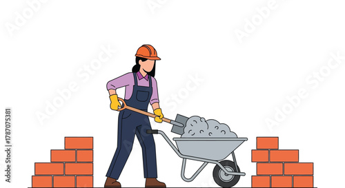 Construction worker builds a brick wall with wheelbarrow and shovel