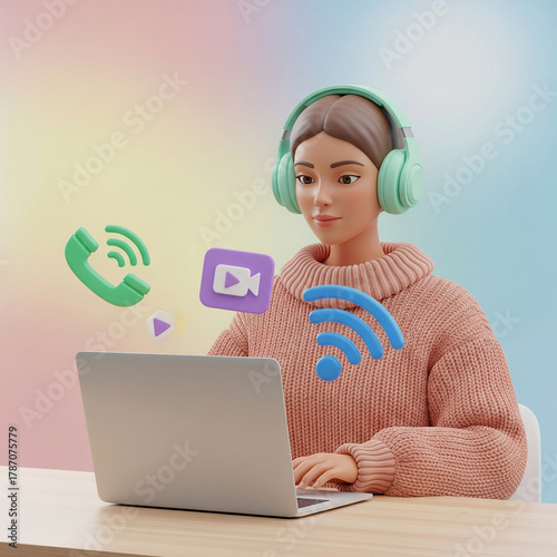 Stylish 3D avatar working remotely on laptop with headphones, connecting through video call and phone, perfect for modern communication and digital lifestyle