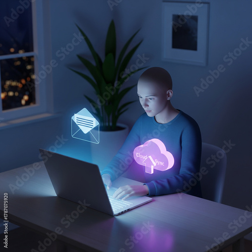 Professional user working on laptop with cloud sync and email hologram in modern night office, showcasing digital technology and innovative communication methods