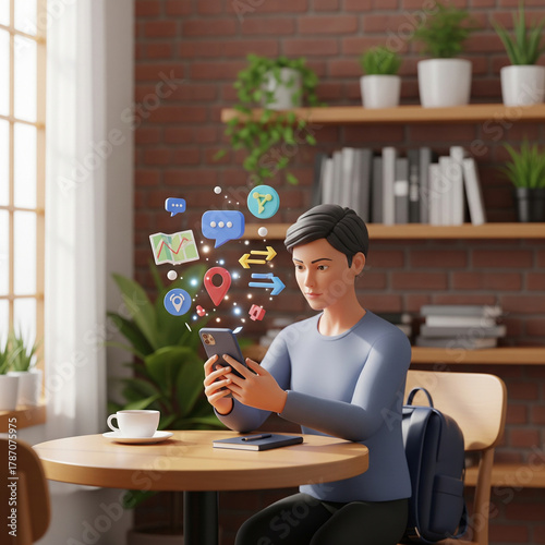 Elegant young woman uses location-based apps on her smartphone at a cafe, planning her travel adventure and enjoying a coffee break in a modern setting