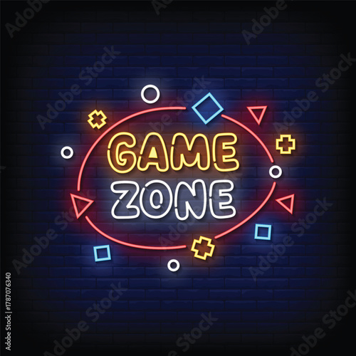 game zone neon signboard with brick wall background vector