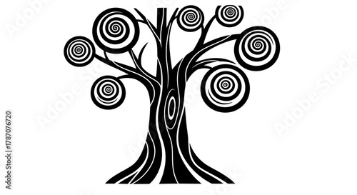 Whimsical black and white tree with hypnotizing spiral fruit design