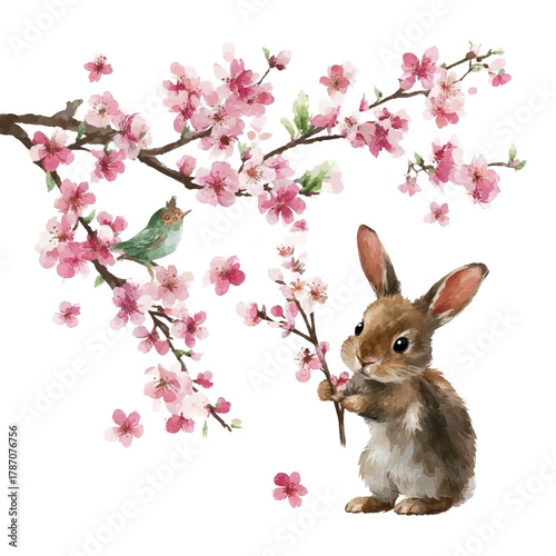 Cute rabbit near blooming cherry blossom branch.
