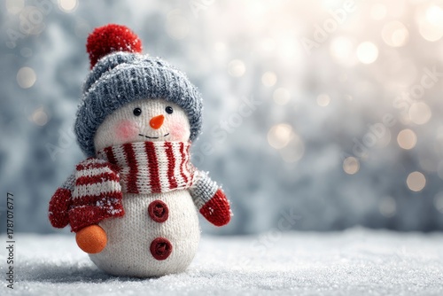 A charming knitted snowman, adorned with a cozy grey hat featuring a vibrant red pompom, a striped red and white scarf, and matching mittens, stands cheerfully in a bed of shimmering snow. Its button 