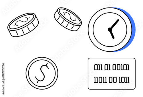 Coins, clock, and binary numbers interconnected to reflect finance, time management, and data. Ideal for business, technology, productivity, programming digital finance analytics simple flat