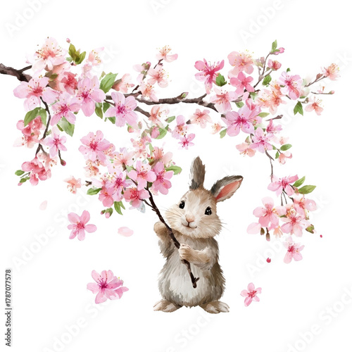 Charming rabbit holds cherry blossom branch.