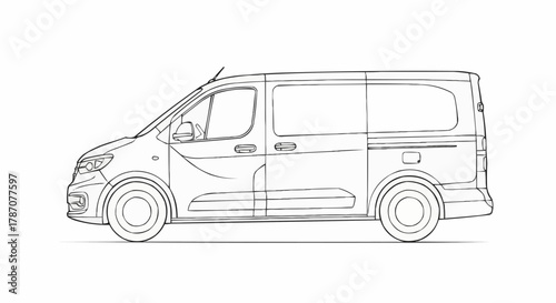 Line Art Drawing of a Modern Van Side Profile.