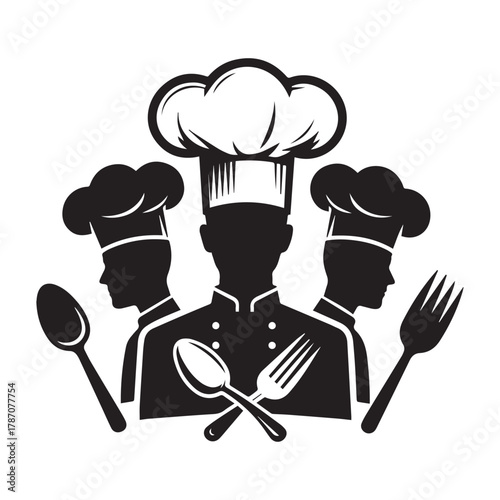 Vintage Cooking Badge with Chefs and Kitchen Utensils