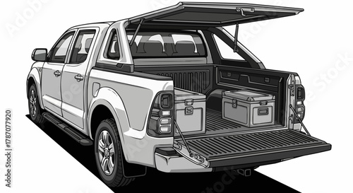 Pickup truck with canopy and open tailgate showing cargo boxes.