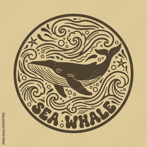 A circular illustration of a whale swimming in the ocean with waves and stars.