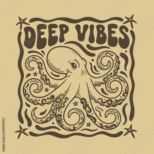 A retro groovy illustration of an octopus with decorative tentacles and the text 'Deep Vibes' in a wavy font.