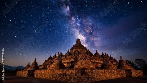 Majestic Borobudur Temple Under a Starry Night Sky Milky Way Galaxy.