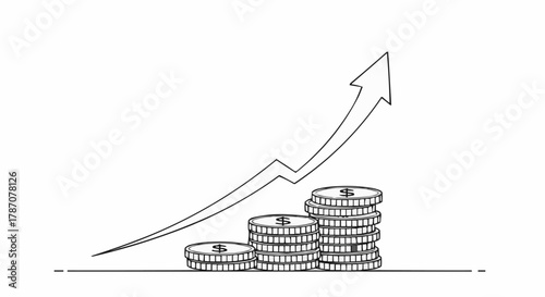 Stack of coins with an upward trending arrow indicating financial growth.