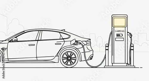 Electric Car Charging at Station Outline Illustration.