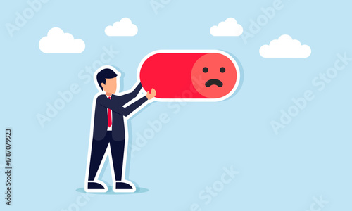 Businessman switching a button shaped like an angry emoticon illustration of negative response to business performance