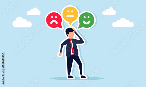 Businessman feeling confused with several emoticons above his head such as happy angry and neutral faces illustration of response to business performance results