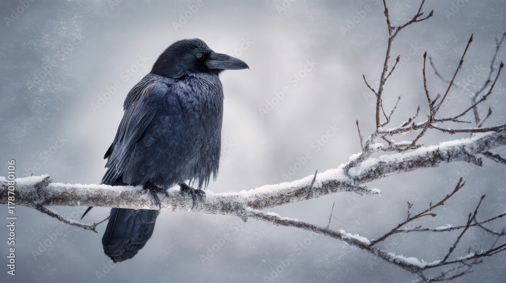 Obraz premium Majestic raven perched on a snowy branch in a serene winter landscape
