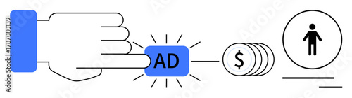 Hand pressing AD button, coins representing payment, and person icon symbolizing targeted audience. Ideal for marketing, advertising strategy, monetization, digital campaigns, business growth