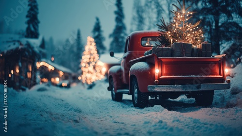 Vintage red truck carrying a Christmas tree through a snowy evening landscape