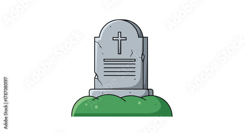 A cartoon illustration of a grey tombstone with a cross and blank inscription lines, set in green grass, representing a grave or cemetery.