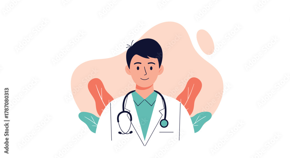 Fototapeta premium A friendly male doctor illustration wearing a white lab coat and stethoscope, representing healthcare professionals and medical services.