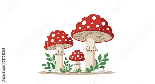 An enchanting illustration of a family of red and white spotted mushrooms, nestled among green leaves and small stones, exuding a whimsical forest charm.