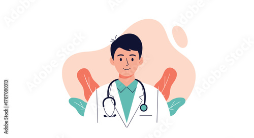 A friendly male doctor illustration wearing a white lab coat and stethoscope, representing healthcare professionals and medical services.