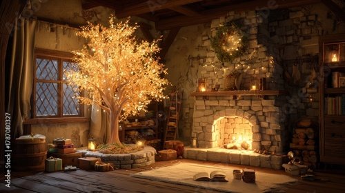 Cozy room with glowing tree, fireplace, and gifts