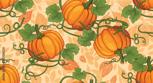 Seamless pattern with autumn pumpkins, green leaves, and curling tendrils on a warm background with scattered fall foliage, perfect for seasonal designs.