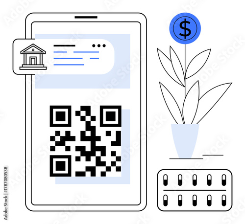 Smartphone with QR code, bank icon, dollar symbol, plant, and keypad. Ideal for finance, technology, banking digital wallet cashless economy mobile apps security. Simple flat metaphor