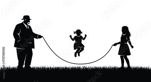 Nostalgic silhouette of grandfather playing rope with granddaughters
