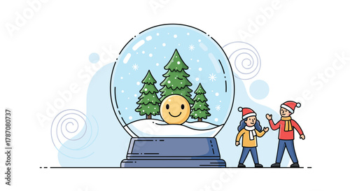 Happy children in Santa hats observe a festive snow globe containing a smiling emoji, snow-covered pine trees, and falling snowflakes.