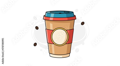 A charming cartoon illustration of a disposable coffee cup with a blue lid, red band, and scattered coffee beans on a white background.