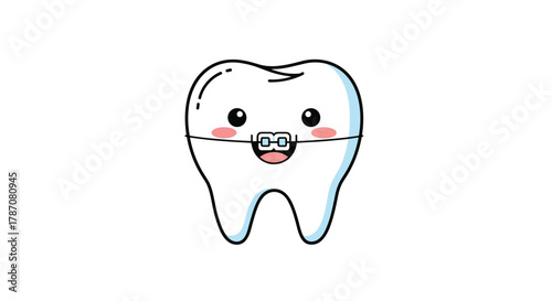 A charming and happy cartoon tooth character featuring adorable facial expressions and orthodontic braces smiles brightly, symbolizing dental health and care.