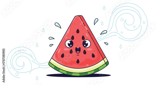 Happy cartoon watermelon slice with seeds and green rind, surrounded by refreshing water droplets and decorative blue swirls on a white background.